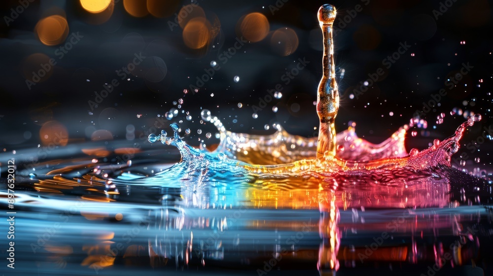 Poster capturing a highspeed photo of colorful water splash with bokeh lights creates a mesmerizing and bea
