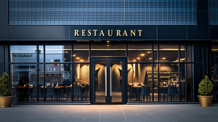 Modern restaurant neon sign above entrance door on modern building exterior with tables inside, nighttime
