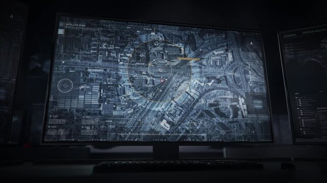 High tech surveillance system is broadcasted on monitors. High tech surveillance camera is analyzing the urban area of the town. High tech surveillance gaining information on target location. Drone.