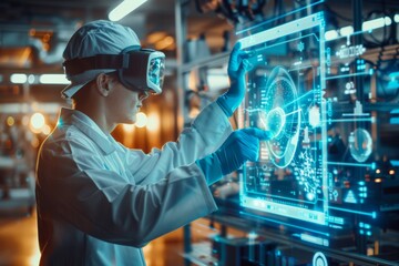 A person wearing a virtual reality headset interacts with a holographic display, surrounded by advanced technology in a modern lab