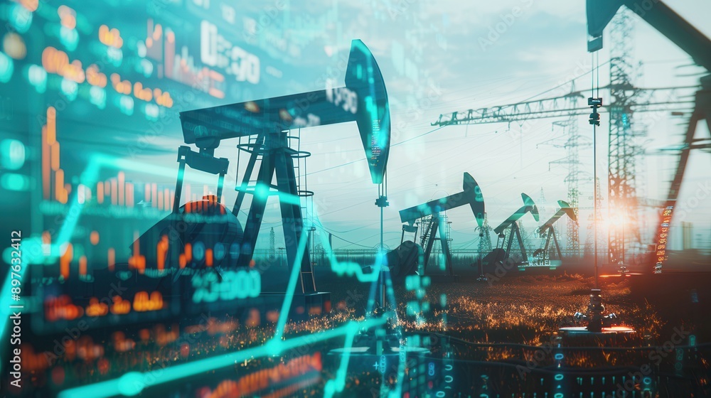 Aufkleber A double exposure image of oil pumps in a field at sunset with superimposed financial chart graphs. Generative AI