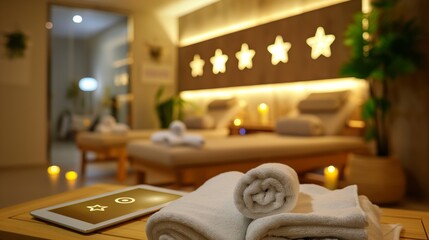 Five stars rating and tablet at spa, concept of customer review, best service and feedback