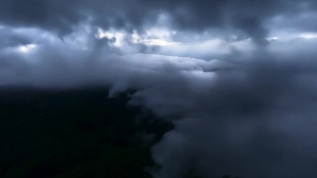 A fly-through with motion blur captures a stormy landscape, lightning flickering and ascending into dark clouds. The natural light and flickering lightning enhance the chaotic and intense atmosphere