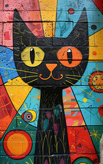 Vibrant street mural with whimsical cat faces, graffiti-style artwork featuring large expressive eyes, colorful patterns, and playful urban art on a textured wall