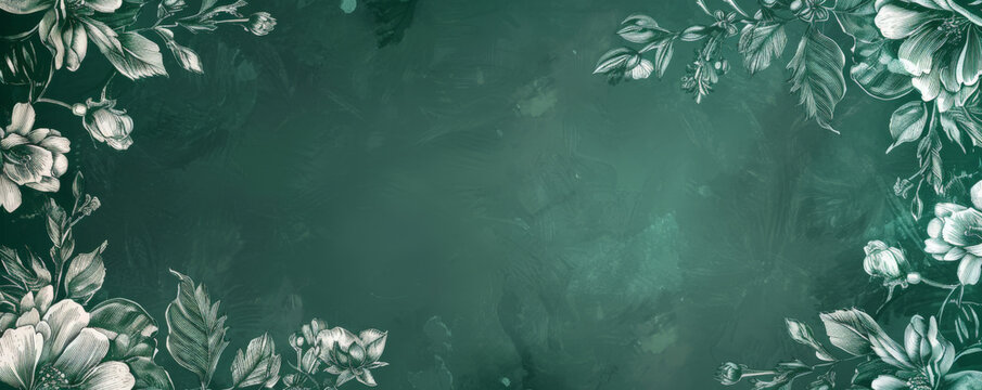 Hand-drawn vintage floral frame on an emerald dust background, ideal for creating elegant and sophisticated design pieces.