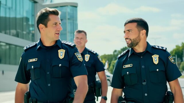 A slow motion pan captures police officers walking and talking, emphasizing their coordinated teamwork. Background activity continues at normal speed, highlighting the doctors' focused interaction