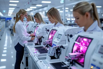 An advanced embroidery station features automated sewing machines and skilled workers, representing precision and effort in the fashion and textile industry.