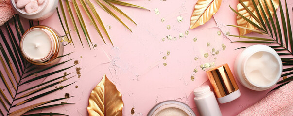 Top view of spa beauty products on a pink surface, highlighted by gold tropical leaves. The spacious layout is ideal for adding text or other design components.