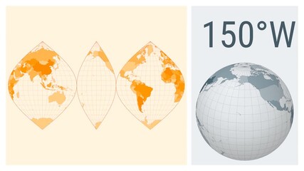 World Map Animation. Interrupted sinusoidal projection. Colored countries style. Animated world map in Interrupted Sinusoidal projection. Loopable animation showing longitude shift and matching globe.