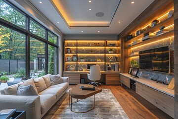 A stylish home office featuring large windows, built-in shelves, a sofa, a coffee table, a comfortable office chair, and a well-designed wooden desk with ample lighting.