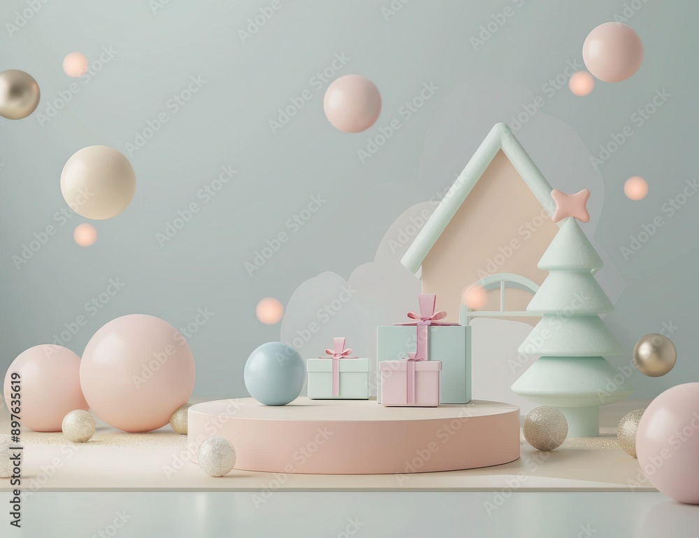 Wall mural pastel christmas podium with gift boxes, house, and spheres on grey background. 3d rendering mock up