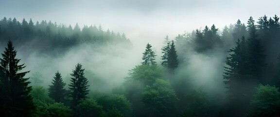 Misty forest landscape with evergreen trees and fog, serene nature scene, calming background. Generative AI