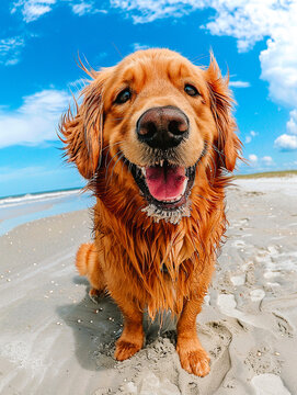Gros plan d'un chien assis sur la plage