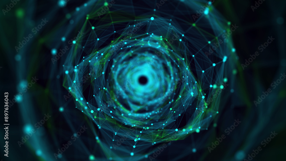 Poster cyber tunnel consisting of moving glowing points. futuristic infinite space background. concept of d