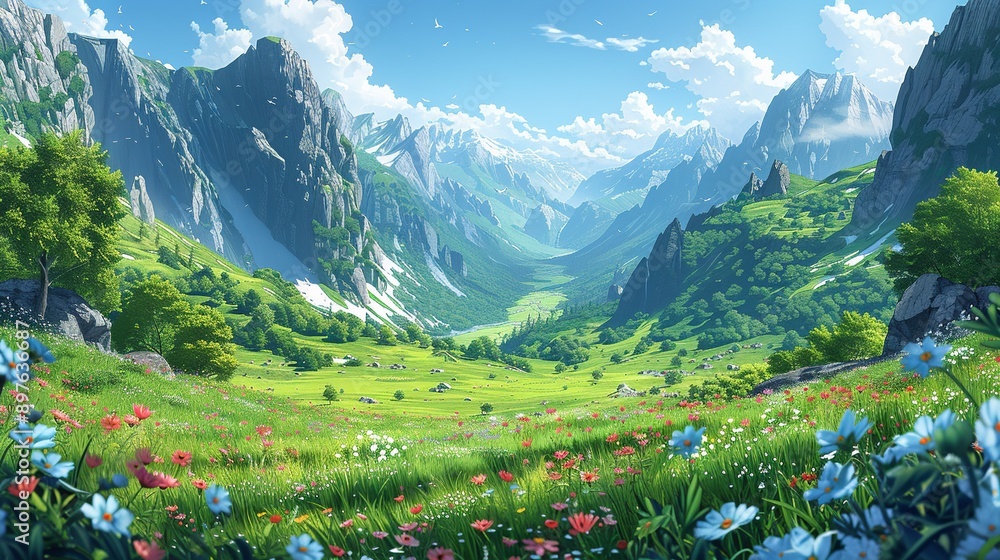 Sticker A picturesque mountain valley, with lush, green fields and vibrant wildflowers, framed by towering, rugged peaks and a clear, blue sky, creating a serene and majestic scene Watercolor style, high