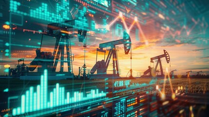 Oil pumpjacks silhouette against a vibrant sunset, overlaid with financial charts and data, illustrating the connection between oil production and fluctuating fuel prices. Generative AI