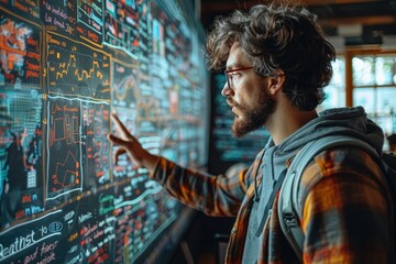 A person in casual attire studies a detailed digital screen filled with colorful data insights and analytics, indicating their involvement in complex data analysis in a modern setting.
