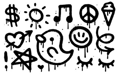 Big Set of simple graffiti spray elements. Collection of sprayed texture bird, peace, heart, dollar, sun, arrow, melody note. Elements on white background for banner, decoration, street art. Vector © LanaSham