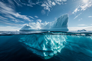 A massive iceberg floating in the ocean, half above and half below the water surface, The underwater part is massive, while on top it's just a small piece A blue sky overhead with clouds