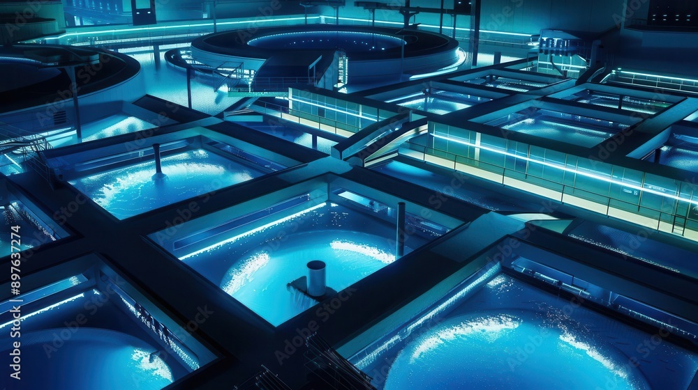 Wall mural futuristic wastewater treatment facility with bioluminescent algae pools sleek geometric architectur