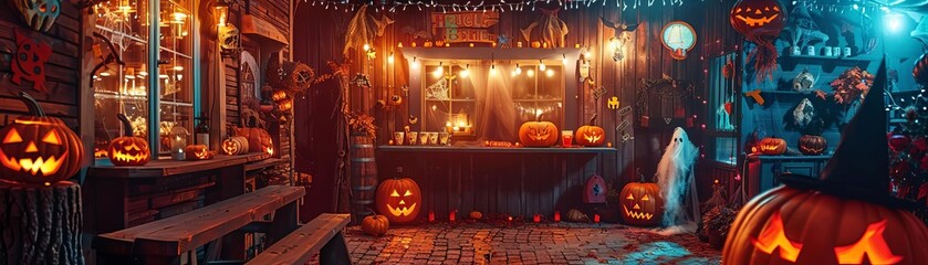 Obraz premium A Halloween party photo booth corner, with a backdrop of haunted house props, fun costume accessories like witch hats and fake mustaches, and guests posing for pictures