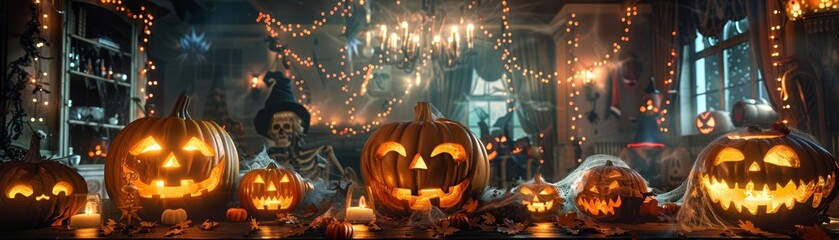 Fototapeta premium A Halloween party scene with a decorated living room featuring carved pumpkins