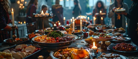 A large table set up for a Halloween feast, adorned with themed dishes, creepy centerpieces, and flickering candles, with guests in the background enjoying the spooky spread