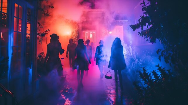 A haunted house party with a fog-filled entrance, eerie lighting, and guests dressed as ghosts, witches, and monsters, mingling and enjoying spooky-themed cocktails