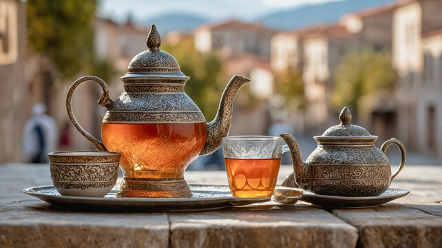 Traditional Turkish tea served in tea cups and vintage teapots. Tea set on table with old city in the background. Turkish culture