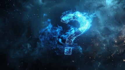 glowing blue question mark emerging from swirling mist mysterious atmosphere shafts of light floating particles dark background with hints of hidden knowledge