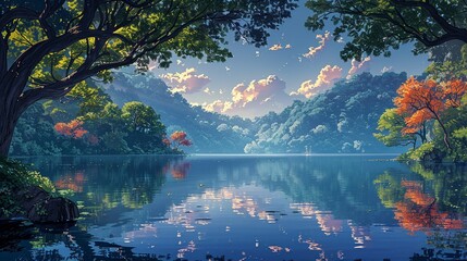 A tranquil lake surrounded by a lush, verdant forest, with the still waters reflecting the vibrant colors of the trees and the sky, creating a serene and picturesque landscape Watercolor style, high