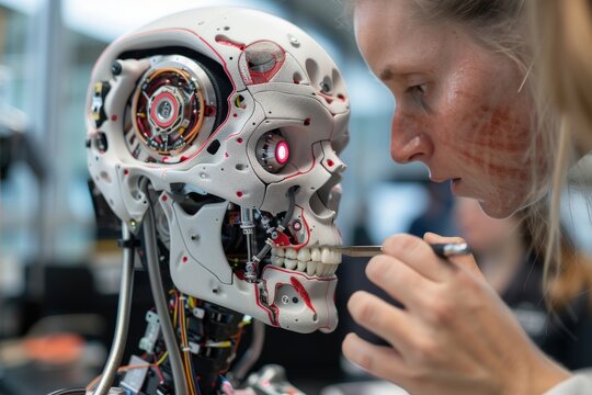A close-up image of a high-tech, partially exposed robotic skull being meticulously worked on by a technician, showcasing intricate engineering and technology.