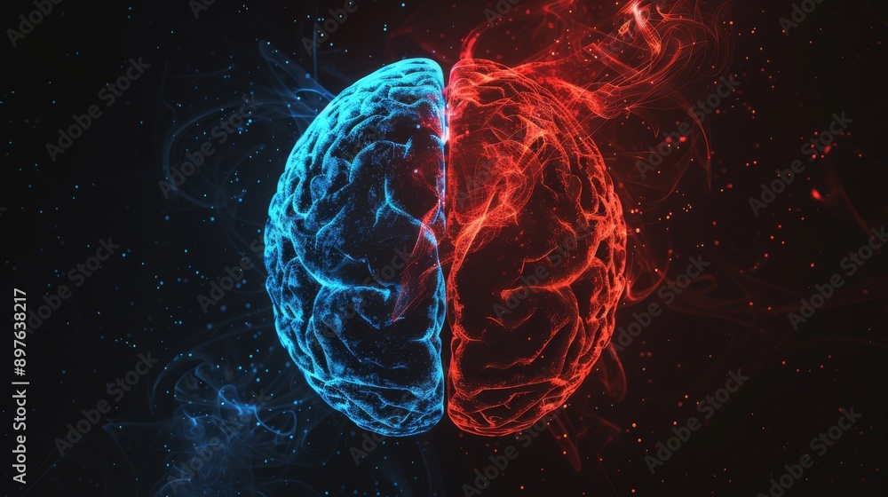 Poster futuristic 3d brain split into blue and red, illuminating a neural network, showcasing art and artif