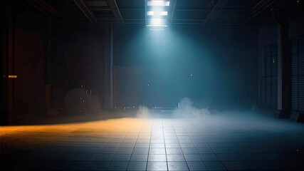 Mysterious and atmospheric scene with dark empty space. lighting with spotlights creating a dramatic play of light and shadows. smoke or fog,	
