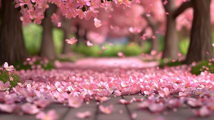 Cherry blossoms fall from trees onto a path in a forest, creating a soft pink carpet