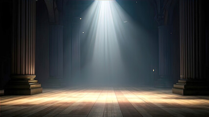 Mysterious and atmospheric scene with dark empty space. lighting with spotlights creating a dramatic play of light and shadows. smoke or fog,	
