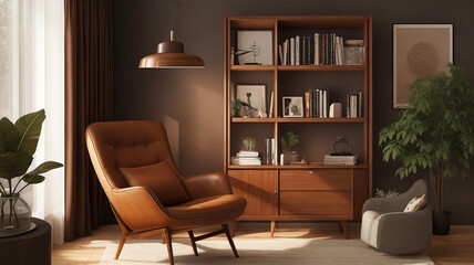 Modern retro home decor with stylish living room with armchair, wooden bookcase,	
