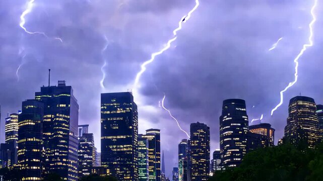 The camera sweeps over a cityscape amidst a storm, with lightning bolts rising and strobe lights casting a bewildering effect. The city's lights blink in reaction to the flashes of lightning.