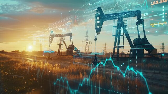 Oil pumpjacks are silhouetted against a sunset sky with digital financial charts overlayed, indicating fluctuating oil prices. Generative AI