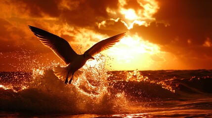 Obraz premium A seagull soars above crashing waves during a vibrant sunset