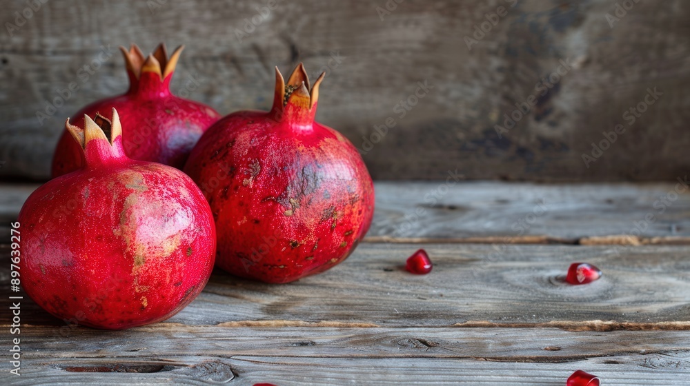 Leinwandbilder three ripe pomegranates with exposed seeds are arranged on a rustic wooden surface. generative ai