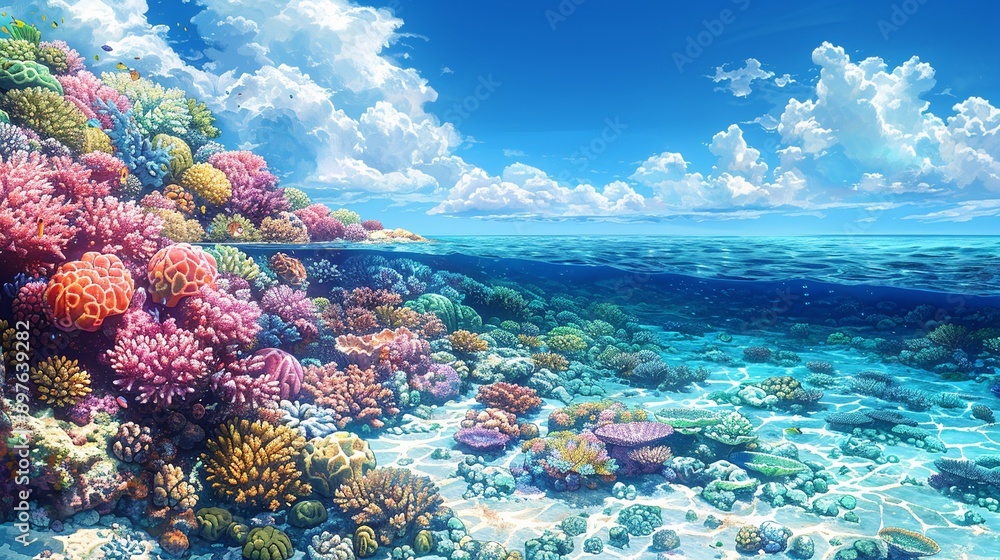 Canvas Prints The picturesque beauty of a coastal reef, with vibrant, colorful coral formations teeming with marine life, set against a backdrop of clear, azure waters and a sunlit shoreline Watercolor style, high