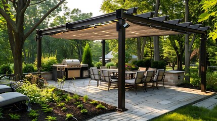 Backyard trendy outdoor patio pergola shade structure awning and patio roof garden lounge chairs metal grill surrounded by landscaping