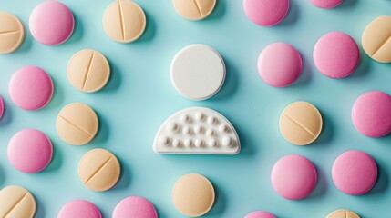 Fototapeta premium Woman symbol on pills against colored backdrop Women s health sexuality conception issues infertility therapy gender representation