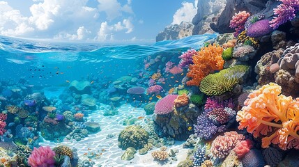 Naklejka premium The picturesque beauty of a coastal reef, with vibrant, colorful coral formations teeming with marine life, set against a backdrop of clear, azure waters and a sunlit shoreline Watercolor style, high