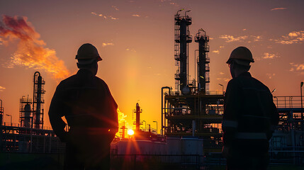 silhouette of engineers, foremen, teamwork, petrochemical industry, sunset, industrial landscape, collaboration, energy sector, dramatic skies, engaging composition, emotional connection