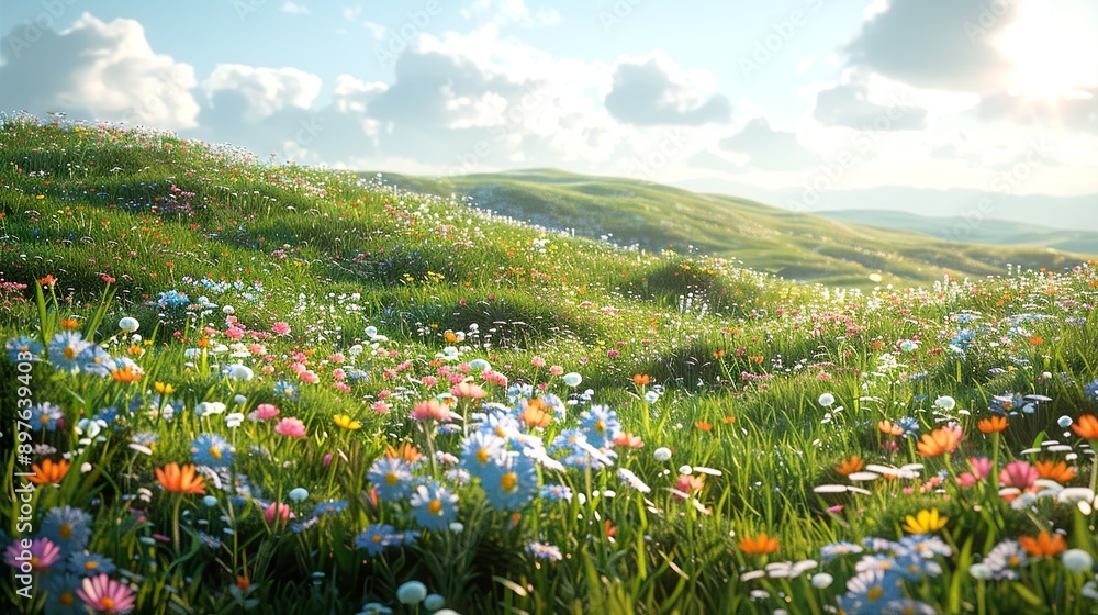 Poster The picturesque beauty of a hillside covered in a lush, green carpet of grass and vibrant wildflowers, with a clear, blue sky and the sun casting a warm, golden light over the scene Watercolor style,