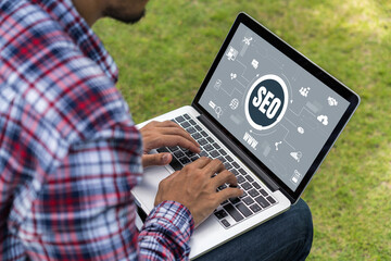 SEO search engine optimization for modish e-commerce and online retail business showing on computer...