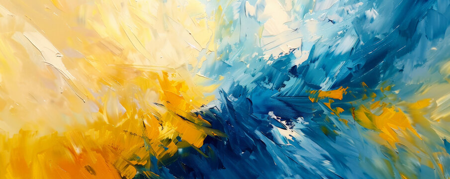 An abstract oil painting with radiant yellow and blue hues. The glowing colors merge seamlessly, creating a bright and vibrant visual experience that showcases the texture of the oil paint.