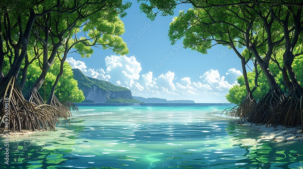 Canvas Prints The serene beauty of a coastal mangrove, with tall, twisted roots and lush, green foliage, creating a unique and vibrant ecosystem, framed by clear, azure waters and a sunlit sky Watercolor style,